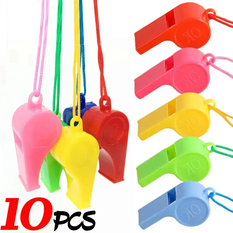 10/1pcs Mini Plastic Whistle with Rope Kids Football Soccer Rugby Cheerleading Whistle Children Toys Birthday Party Supplies