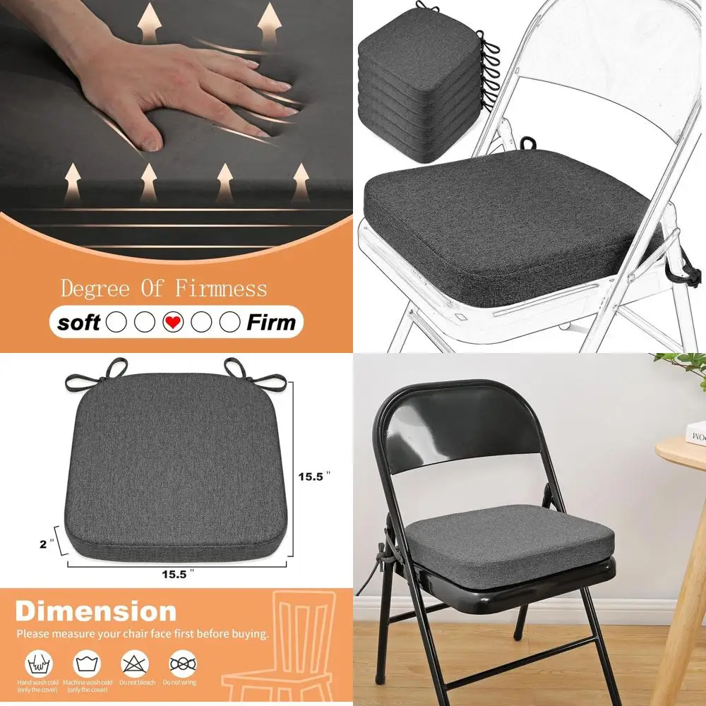 

Set of 6 Memory Foam Cushions for Folding Chairs, 2 Thick Square Seat Pads with Ties, Non-Slip Kitchen Chair Cushions, Dark Gray