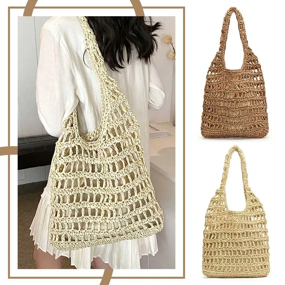 

Women Straw Woven Tote Bag Weaving Shoulder Bag Large Capacity Tote Clutch Bags with Inner Bag Hollow Out for Outdoor Travel
