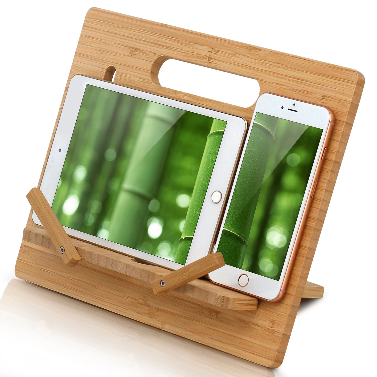 Bamboo Wood reading book stand adjustable foldable phone or PC stand lightweight cook recipe holder