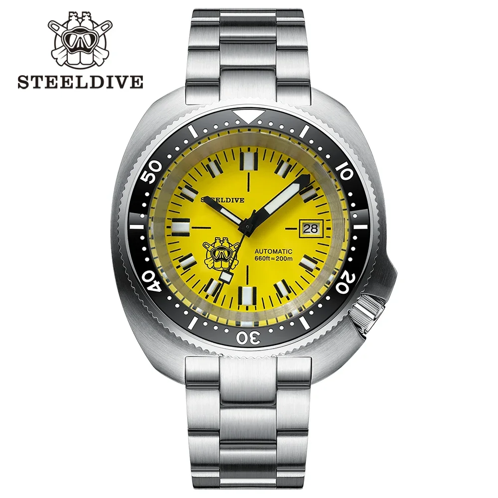 

44MM Case Yellow Dial Super Luminous STEELDIVE Mens Watch With NH35 Automatic Movement 200m Waterproof SD1974T