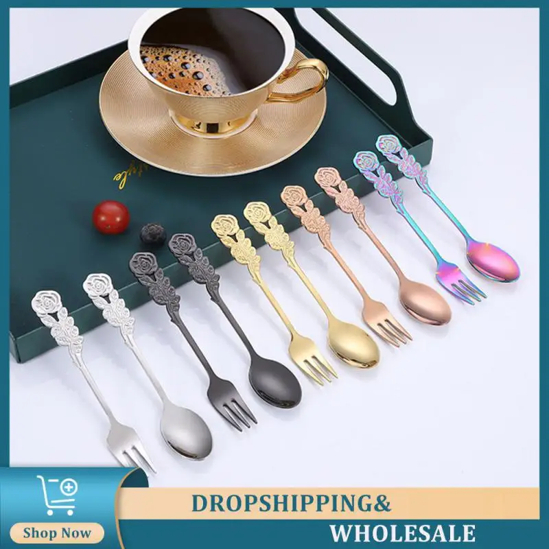 2pcs Creative Rose Spoon Fork Coffee Stir European Retro Style Golden Spoon Fruit Fork Stainless Steel Dessert Specialty Spoons