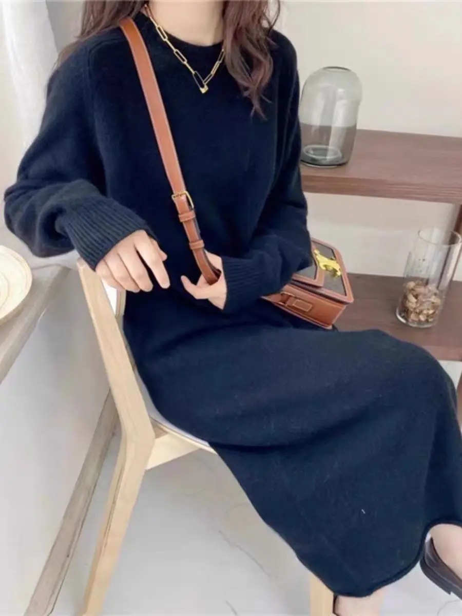 

Женский пуловер с круглым вырезом из 100% мериносовой шерсти, длинное платье, осень-зима, повседневная модная вязаная юбка, кашемировый свитер