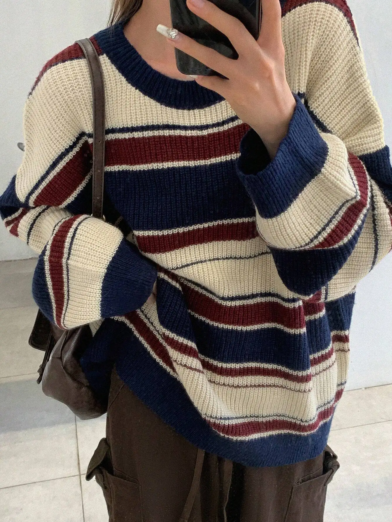 

Autumn/Winter Striped Oversized Crew Neck Long Sleeve Casual Sweater,Long Sleeve Tops,Fall Women Clothes