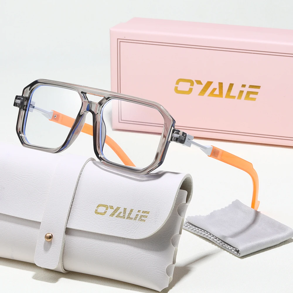 Oyalie Fashion Women's Anti-Blue Glass Style Square Double Bridge Frame, Tortoiseshell Multi-Color Frame, Suitable for Computers and Mobile Phones to Read