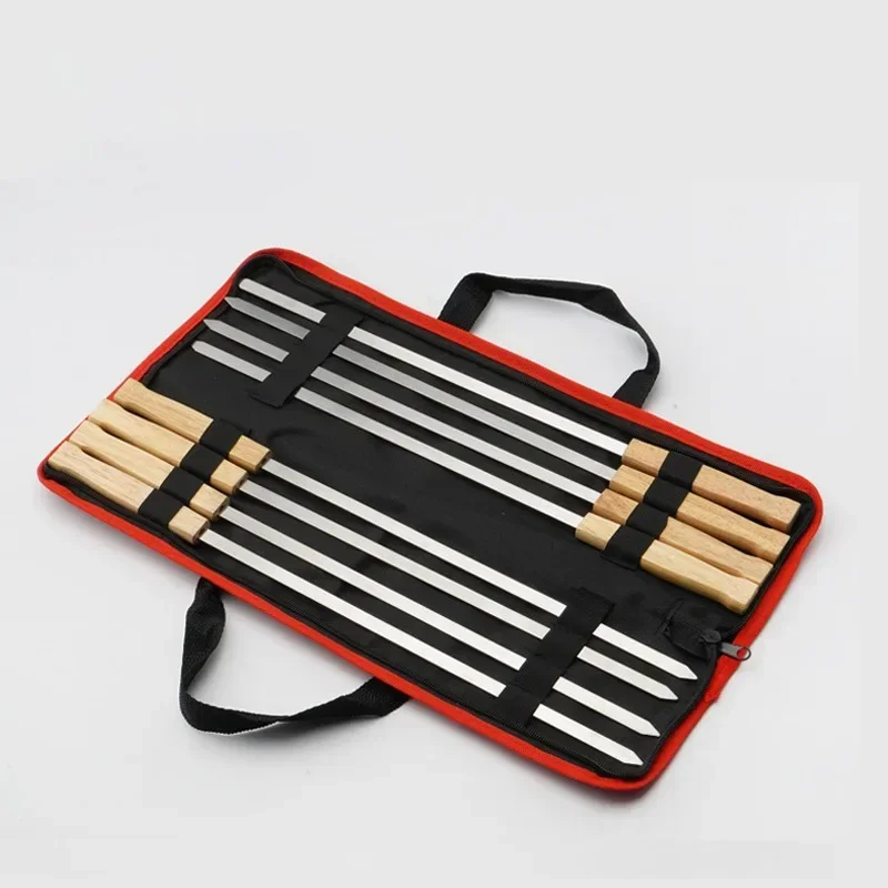 6/8pcs Kabab Koobideh Skewers 17 Inch Stainless Steel Grilling BBQ Skewer Reusable Barbecue Skewers Flat Stick with Wood Handle view 6