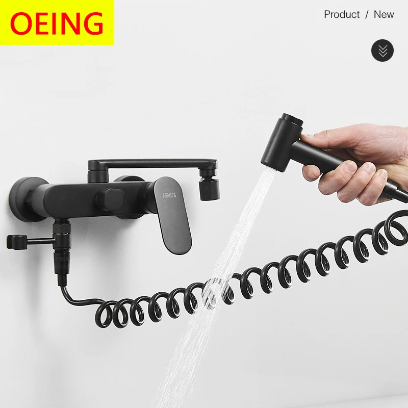 Matte Black Long Spout Kitchen Faucet  Wall Mounted Cold and Hot Bathtube Tap All Matel With BIdet Can As Bathroom Faucet