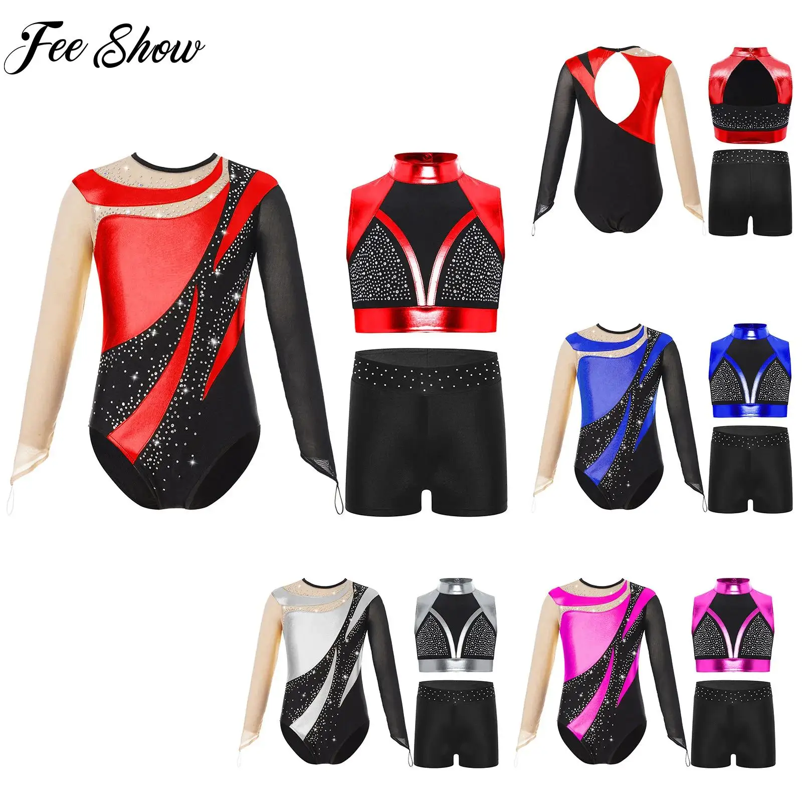 

Sparkly Rhinestones Ballet Jersey Gymnastics Skating Dance Outfit Kids Girls Sleeveless Metallic Crop Top+Shorts+Leotard Outfit