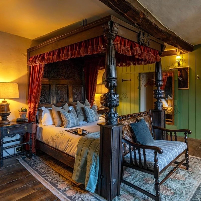 Mid-ancient style master bedroom wedding bed/French retro carved solid wood Roman column double bed can be customi