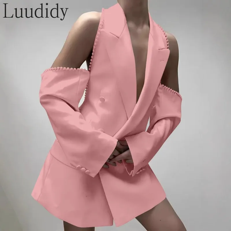 

Women Off Shoulder Sexy White Suits Office Lady Button Blazer