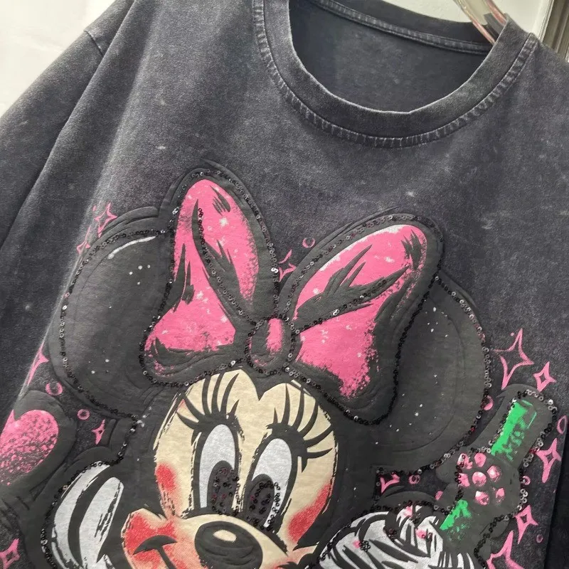 تي شيرت كلاسيكي كبير الحجم ميني كارتوني - تي شيرت بأكمام قصيرة مغسول ونمط أوروبي، بلوزة صيفية فضفاضة مغسولة للصناعات الثقيلة