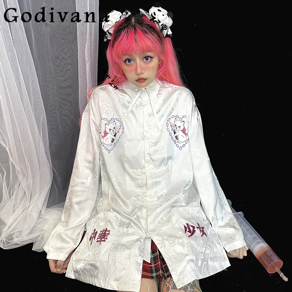 

Chinese Fashion Cartoon Print Shirts Women Streetwear Loose Slim Mid-Length Oversize White Blouses Women Y2k Long-Sleeve Tops