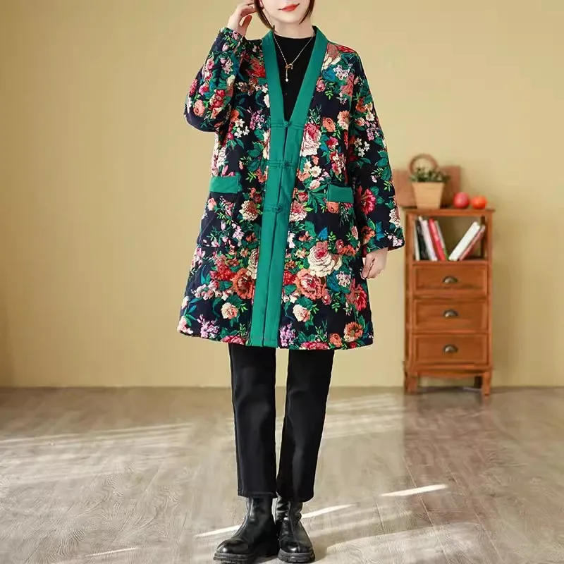 Oversized Chinese Style Women Floral Long Cardigan Coat 2024 New Autumn Winter Plus Velvet Jackets Vintage Thick Warm Parkas