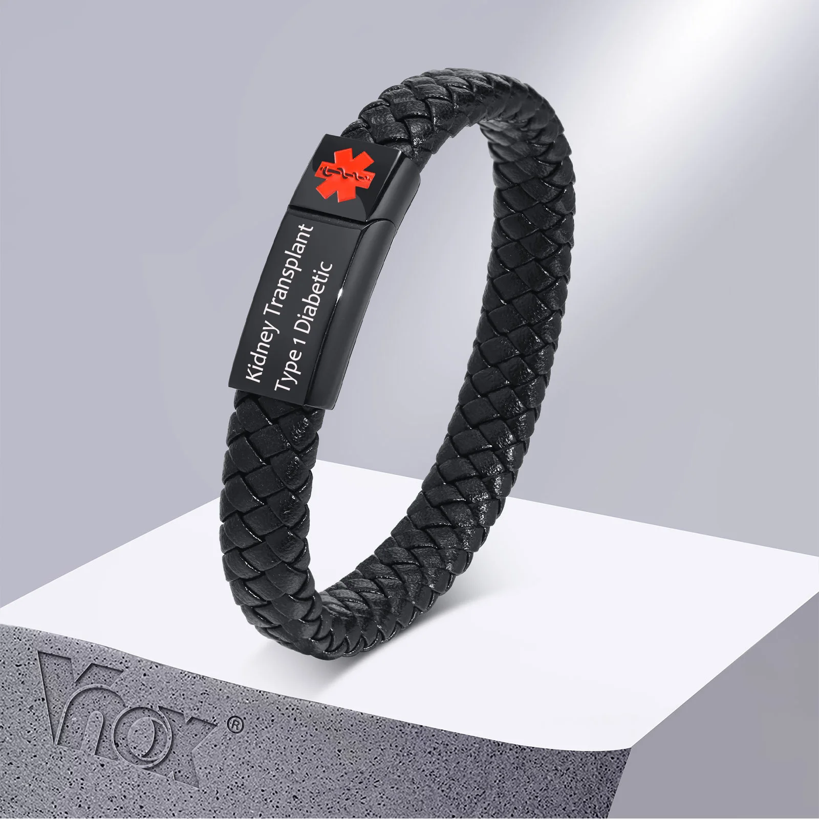 

Vnox Free Custom Black Stainless Steel Medical Alert ID Bracelets for Men,Braided Leather Rope Chain Wristband Jewelry