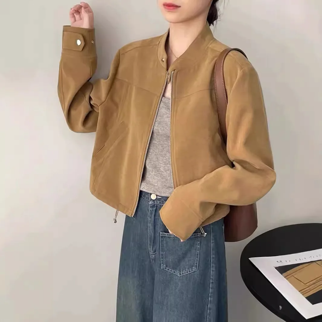 Women's Suede Short Jacket American Style Stand Collar Small Fragrance Style Baseball Vest Knitted Regular Thickness Sports Wear