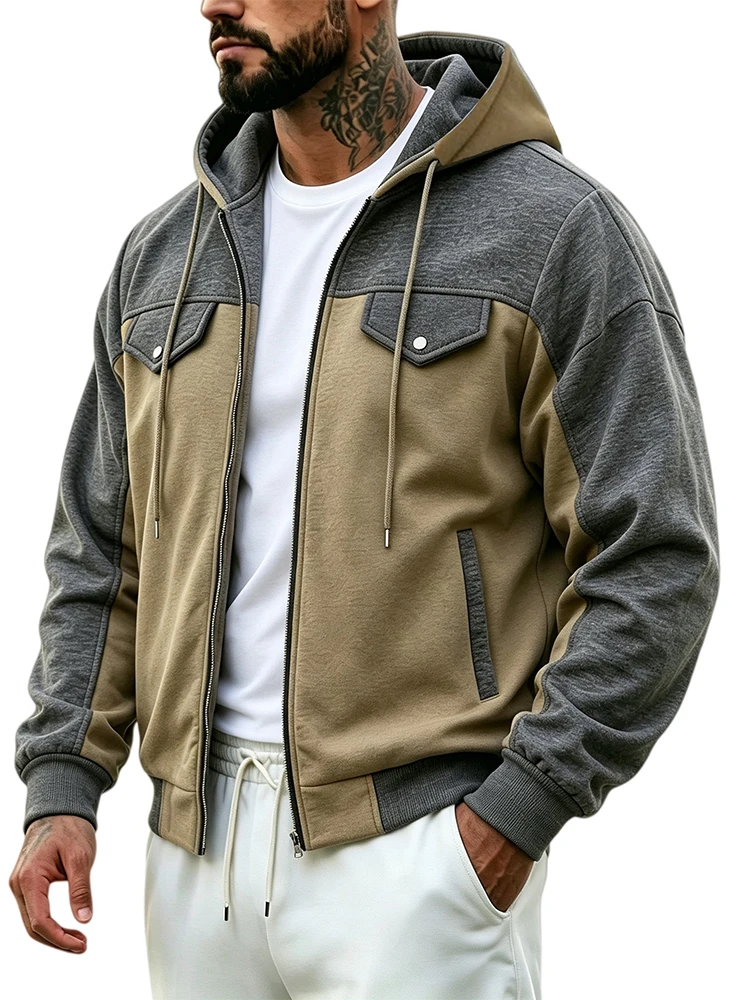 Vintage Zip-up Hooded Coats Mens 2026 Autumn Outdoor Contrast Color Long Sleeve Cardigan Men Daily Casual Outerwear Men