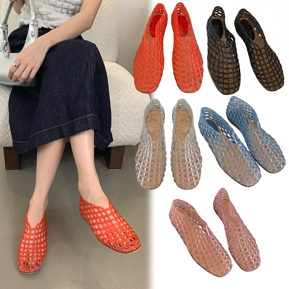 Women Jelly Flats Mesh Ballet Flats Square Toe Hollow Out Ballet Flats Lightweight Beach Jelly Shoes Breathable for Summer Beach