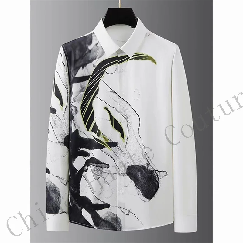 Luxury Letter Printed Shirt Men Long Sleeve Slim Fit Casual Shirt High Quality Banquet Party Tuxedo Social CamisaMasculina 2024