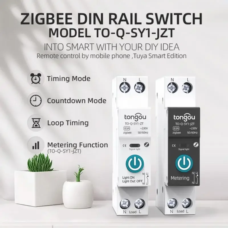 Tuya ZigBee Smart Circuit Breaker With Metering 1P 63A DIN Rail Remote Smart Life Control Switch Works With Alexa Google Home