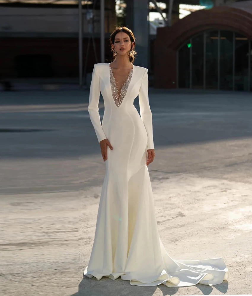 

Customized Luxury Jersey Mermaid Crystal Sequined Evening Dress Temperament Long Sleeves V-Neck Floor Length Homecoming Gowns