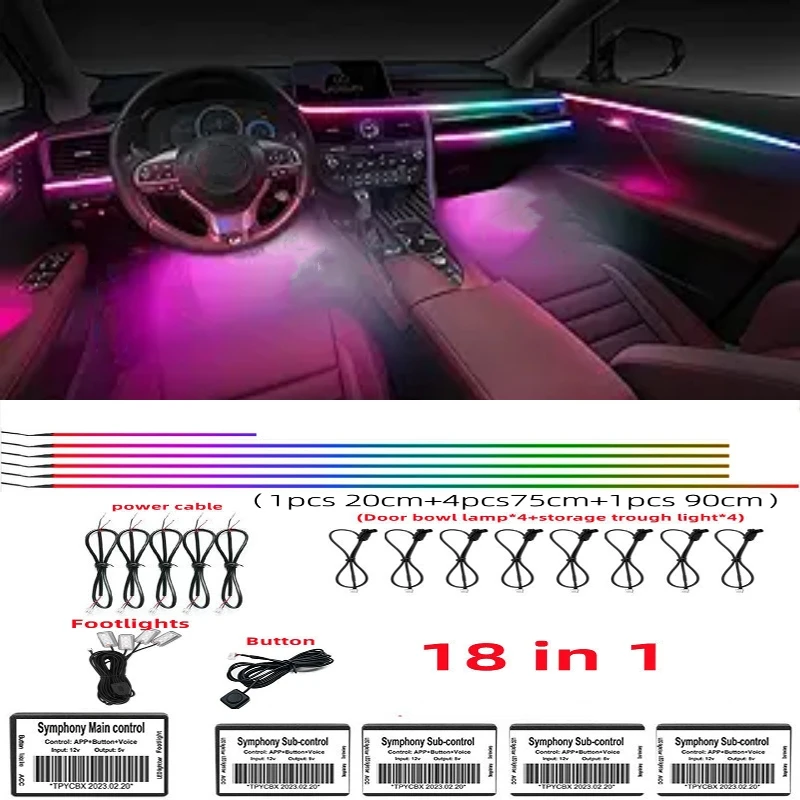 

18in1 Symphony Dual Zone LED Ambient Lights Car Interior RGB 64 Colors Decoration Accessories Acrylic Optical Fiber Welcome Mode