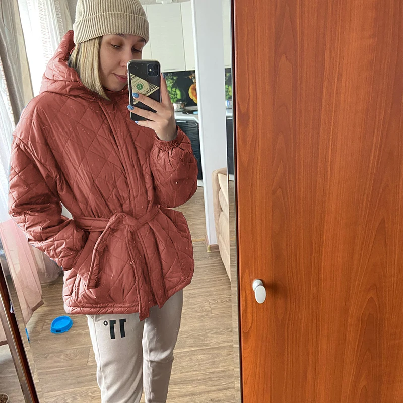 Women\'s S-L size new fashionable hot selling hooded cotton jacket with belt down jacket winter coat women