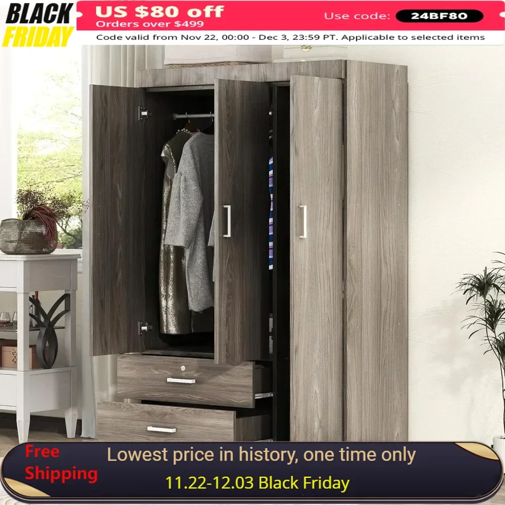 3 Doors Armoire Closet Select, Large Freestanding Armoire Wardrobe Cabinet with 2 Drawers,  Wood Grain Effect in Gray,Wardrobes