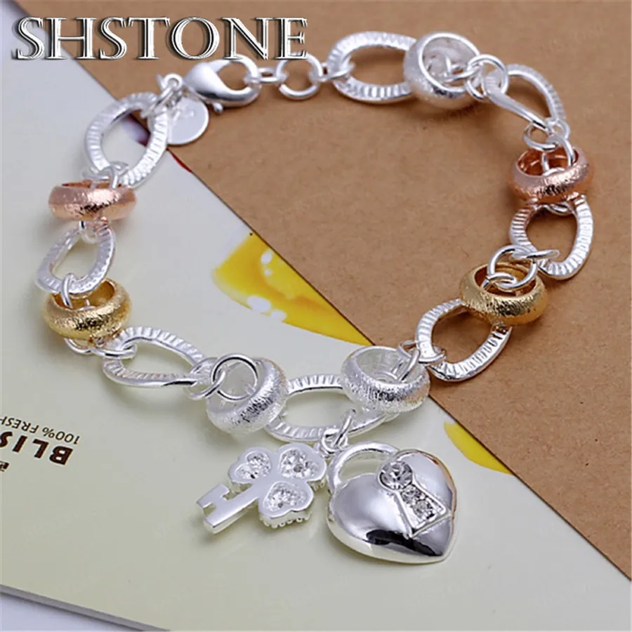 

Wholesale new cute 925 sterling Silver Bracelets charms Heart key for Women men lover Wedding Pretty Jewelry Fashion Chain