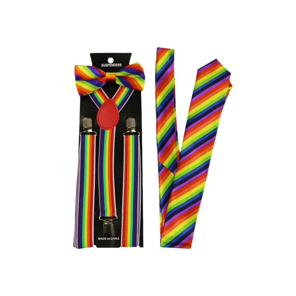 

3Pcs Elastic Suspenders Adjustable Rainbow Colorful Striped Trouser Belt Bow Tie Unisex Strong Clamps