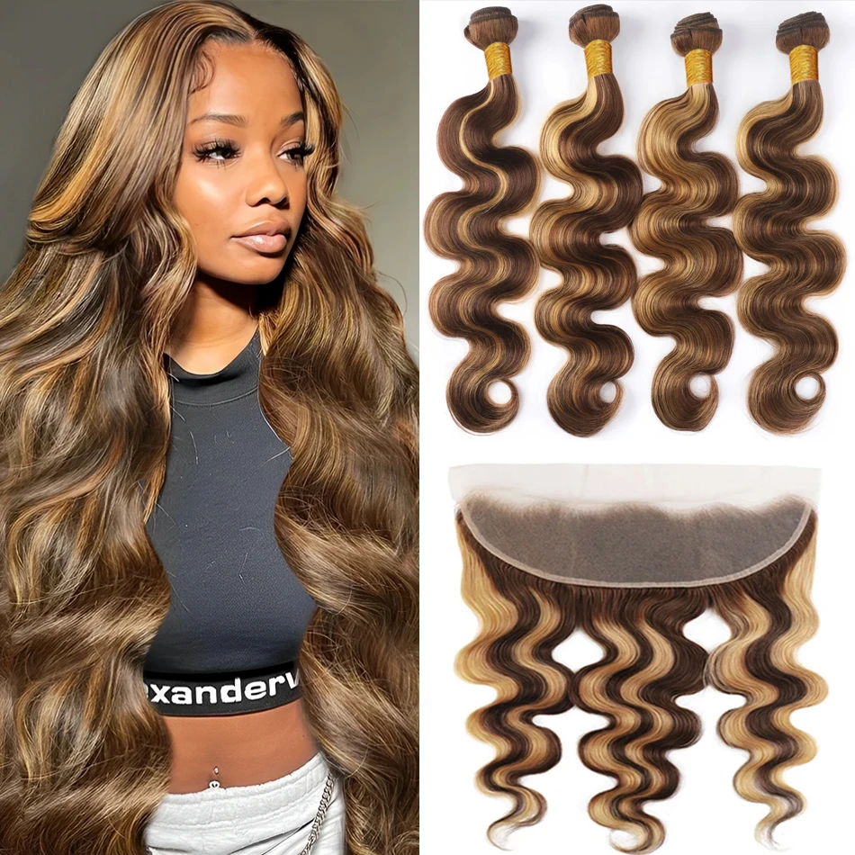 

Body Wave Bundles With Frontal Highlight Honey Blonde P4/27 3 Bundle with 13x4 Lace Frontal Brazilian Remy Human Hair Extensions