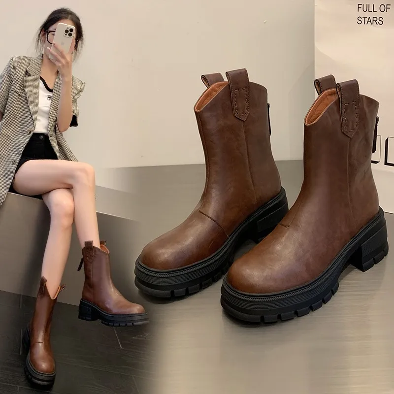 

Soft Leather V Women's Thick Sole Zipper Short Boots 2025 Autumn and Winter Slimming Short Versatile Retro Western Boots