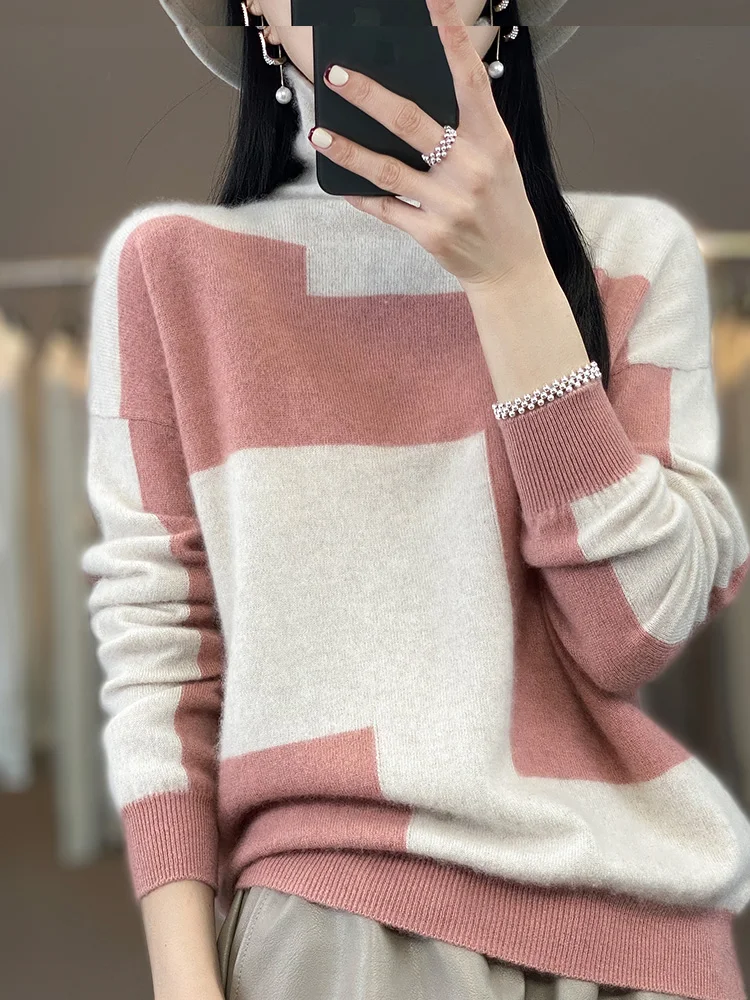 100% Merino Wool Sweater Women\'s High Collar Contrast Pullover Casual Loose Autumn Winter Jacket Fashion Korean Female Clothing