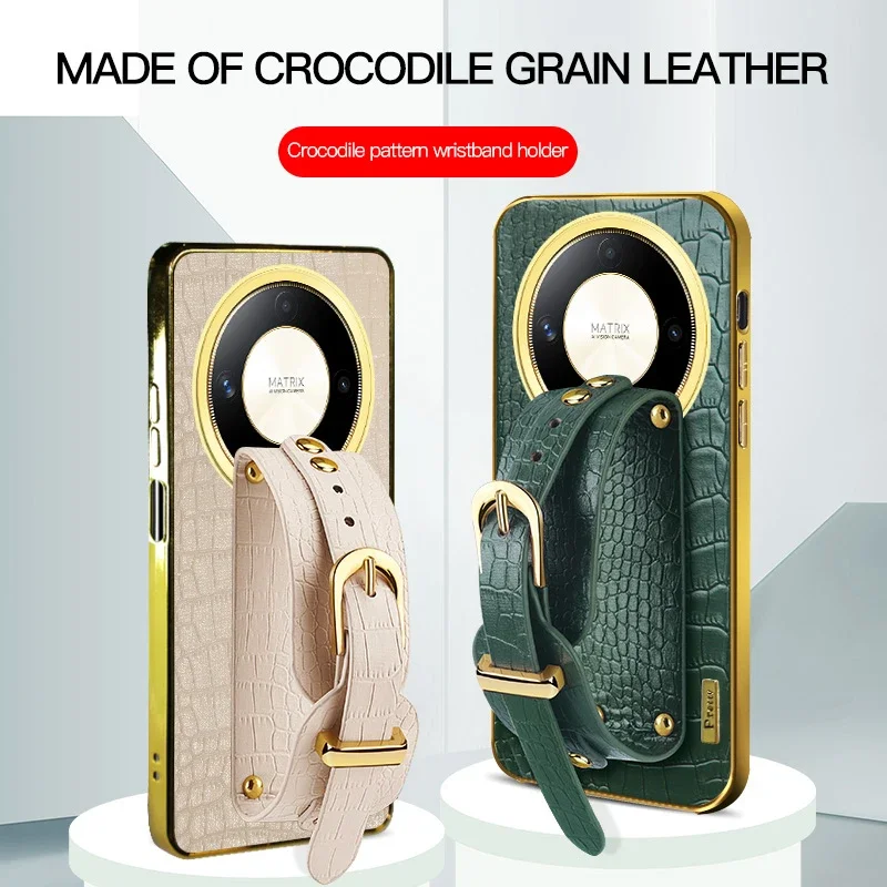

Shockproof Wristband Strap Holder Cover Cases For Honor X9A X9B X9 4G 5G X9C Smart Crocodile Leather PU Silicone Soft Phone Case