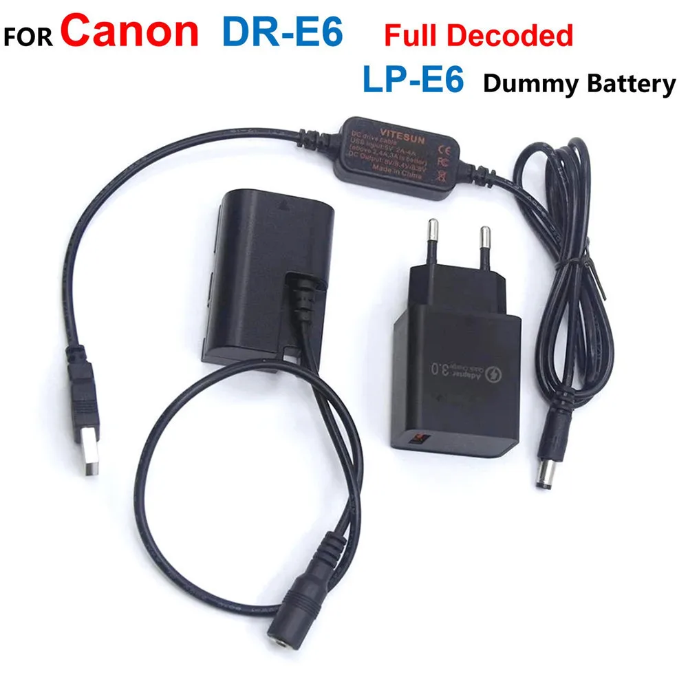 

DR-E6 Full Decoded LP-E6 Dummy Battery+Power Bank USB Cable+Charger Adapter For Canon EOS 70D 80D 90D 6D 7D 5D Mark II III IV