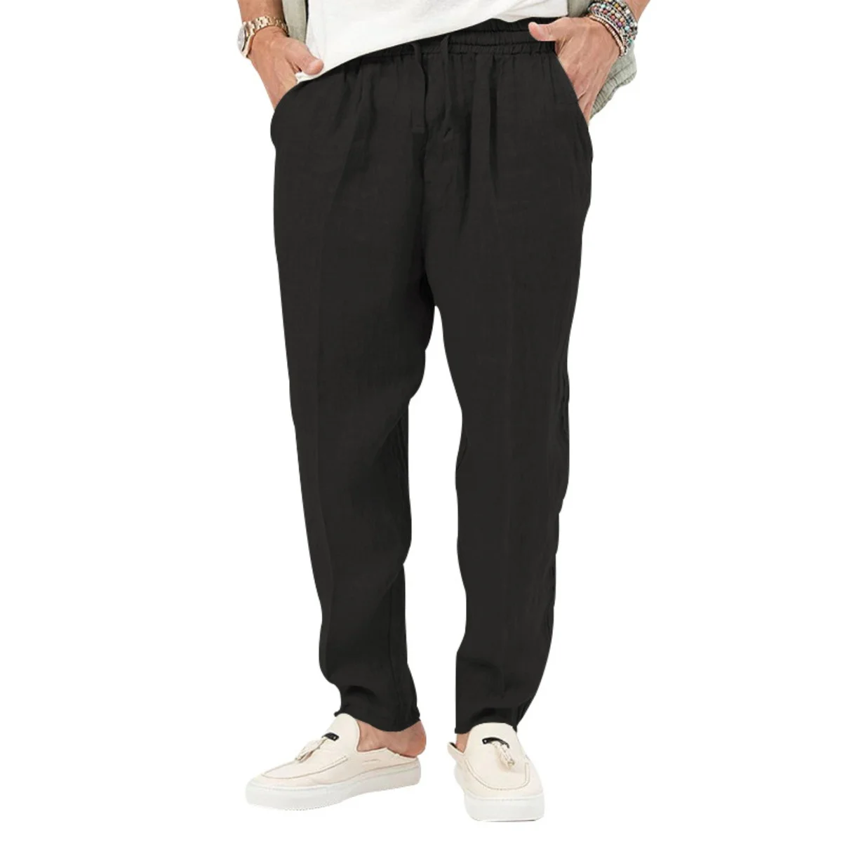 Men's Summer New Style Casual Cotton-Linen Long Pants Fashionably Loose-Fitting Straight Leg with Elastic Waist Outdoor Sports P