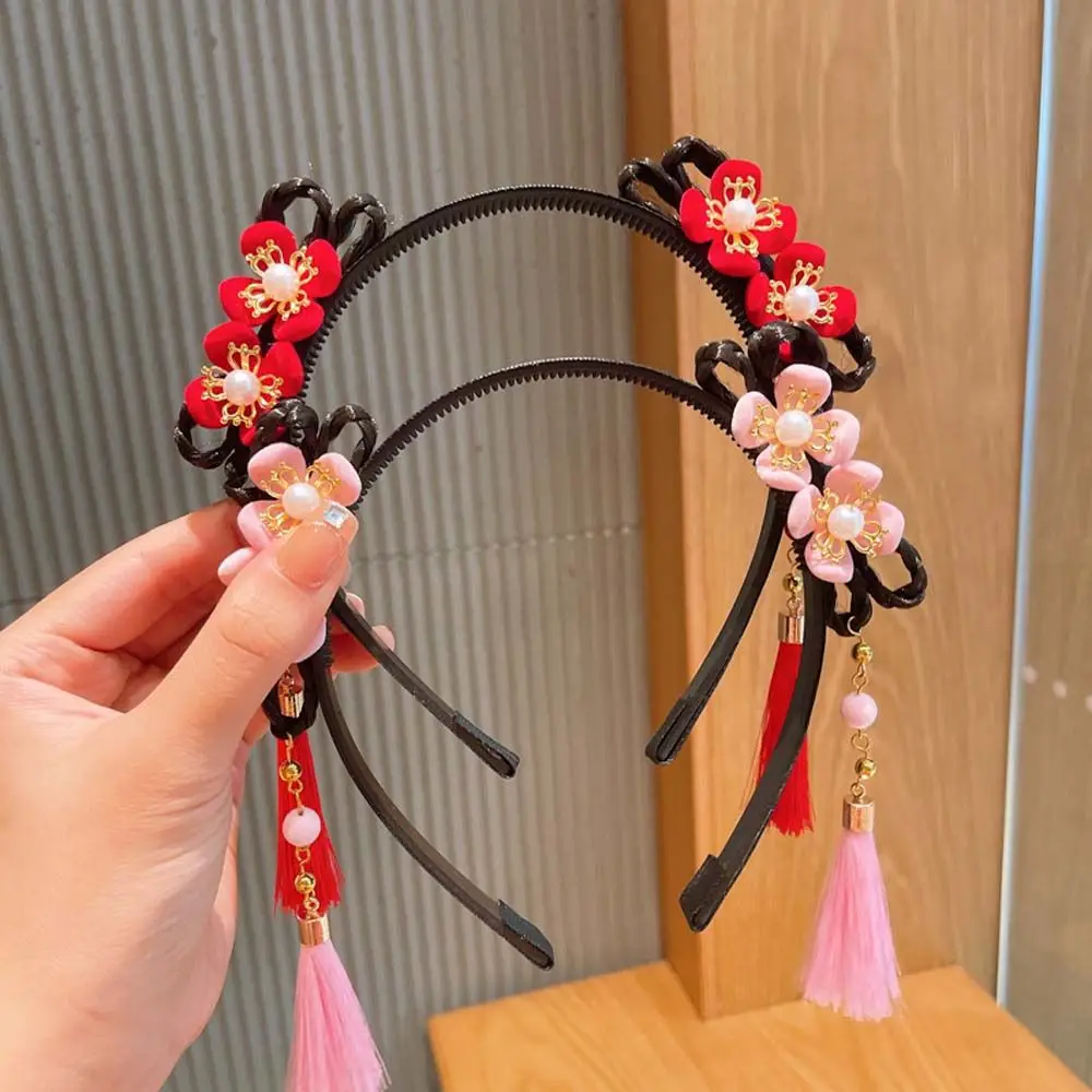 

Sweet Pearl Bow Flower Girls Pigtail Wig Hanfu Hair Hoop New Year Headress Children's Headband Chinese Style Hair Band
