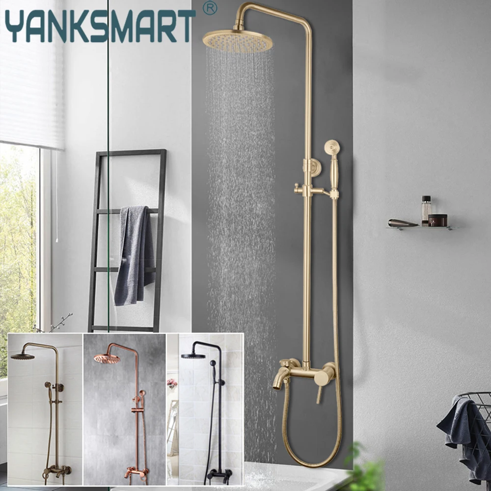 

YANKSMART 8" Round Bathroom Shower Faucet Set Wall Mounted Bathtub Rainfall Shower Mixer Water Tap Shower Spray Combo Kit