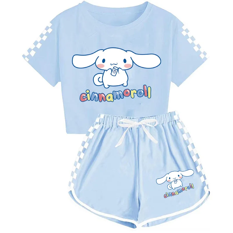 Sanrio Girls Cartoon T-Shirts and Shorts Set Cinnamoroll Kuromi Soft Pajamas Short Sleeve Set Summer Sport Clothes Homewear Gift