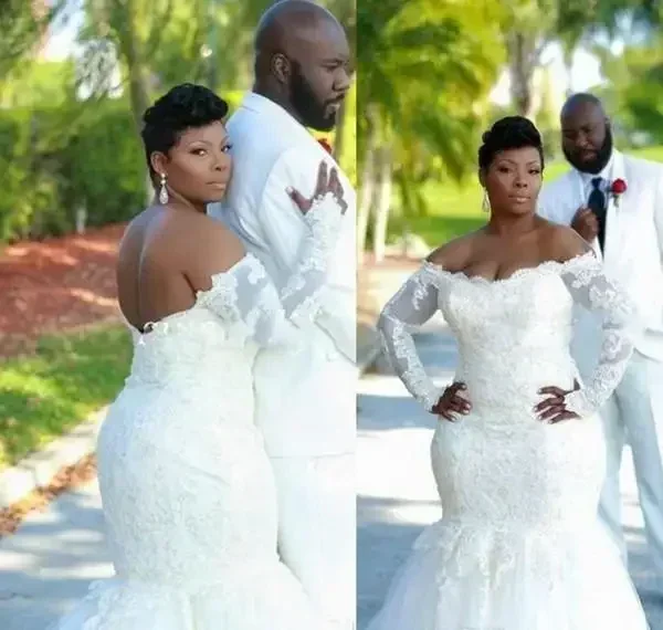 

Customized African Women Long Mermaid Lace Wedding Dresses Plus Size Ivory Off Shoulder Lace -up Back Bridal Gowns