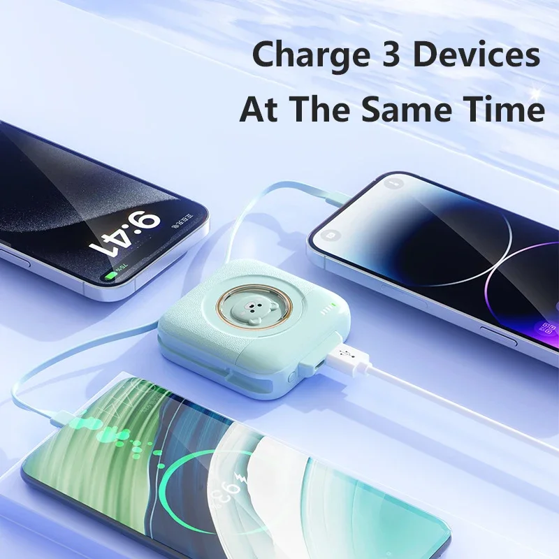 بطارية احتياطية صغيرة PD20W سريعة الشحن بقدرة 20000 مللي أمبير في الساعة مدمجة في كابل لهاتف آيفون 16 وهواوي وشاومي باور بانك شاحن محمول