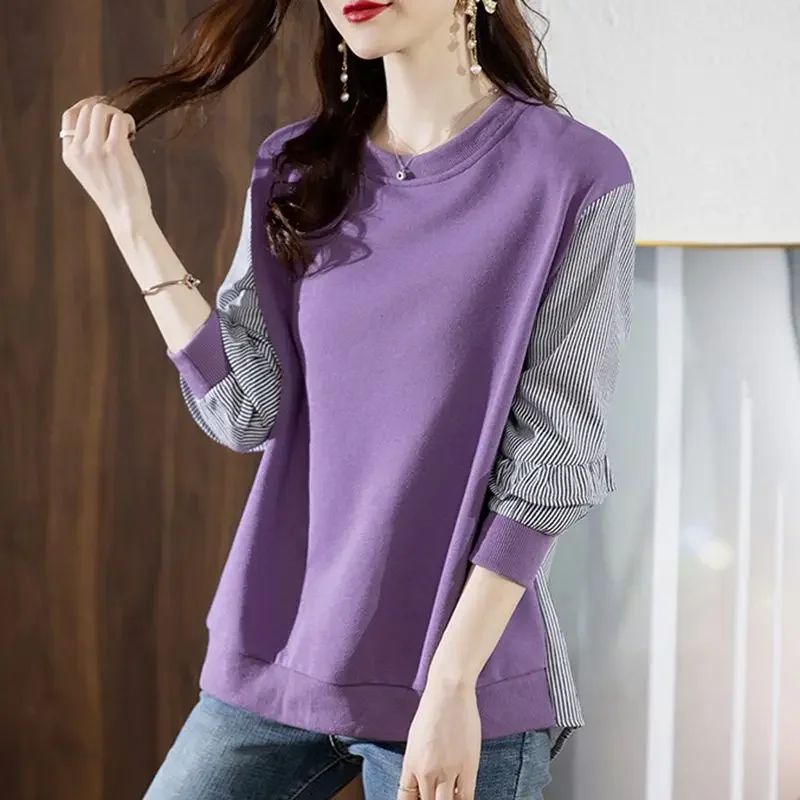 Purple Sweatshirt for Women Spring and Autumn Pullover Round Neck Woman Tops Splicing Casual Korean Popular Clothes Fashion Coat