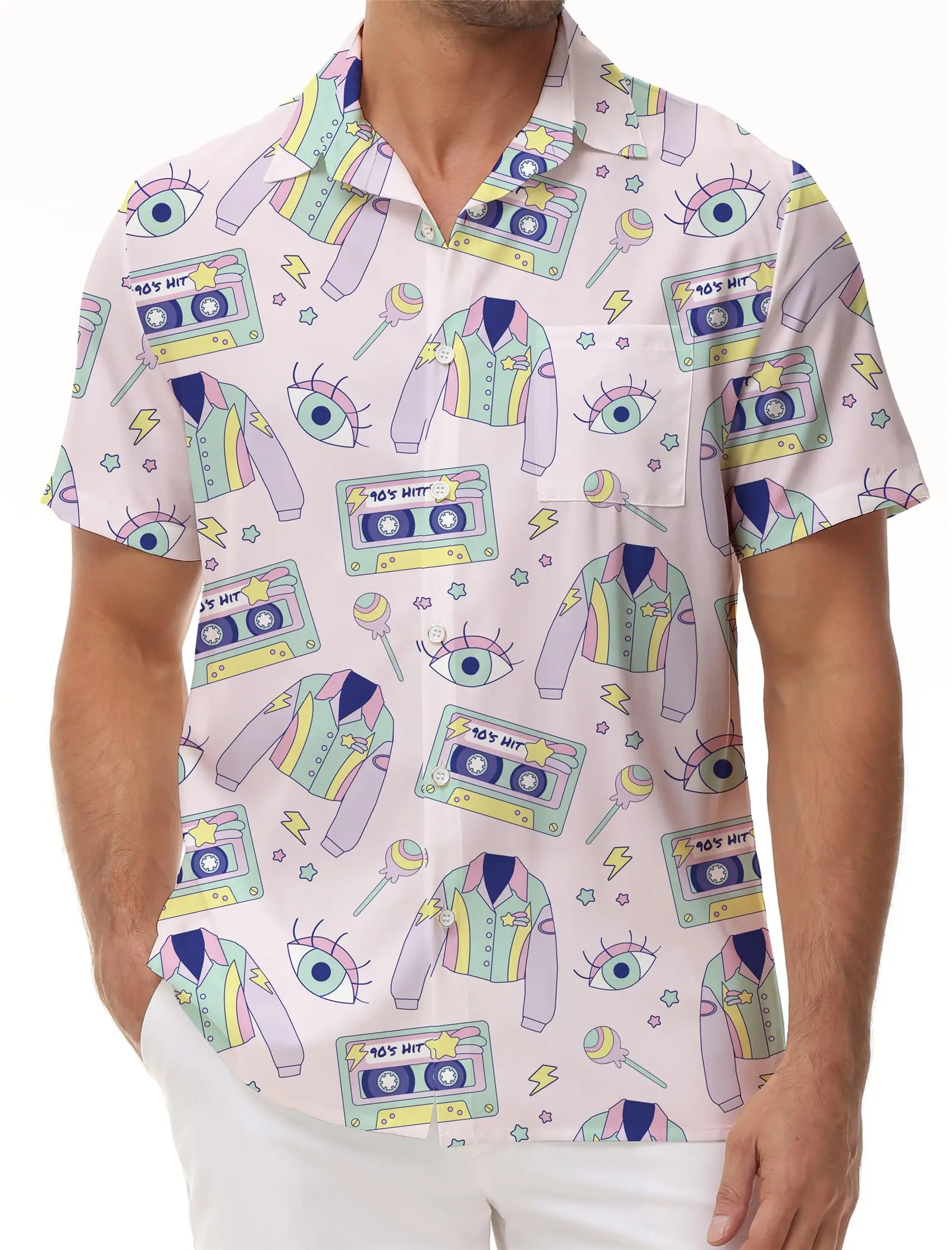 KYKU Disfraz de los años 80, ropa de los 90, camisa hawaiana para hombres, camisas con botones, trajes de discoteca retro de manga corta