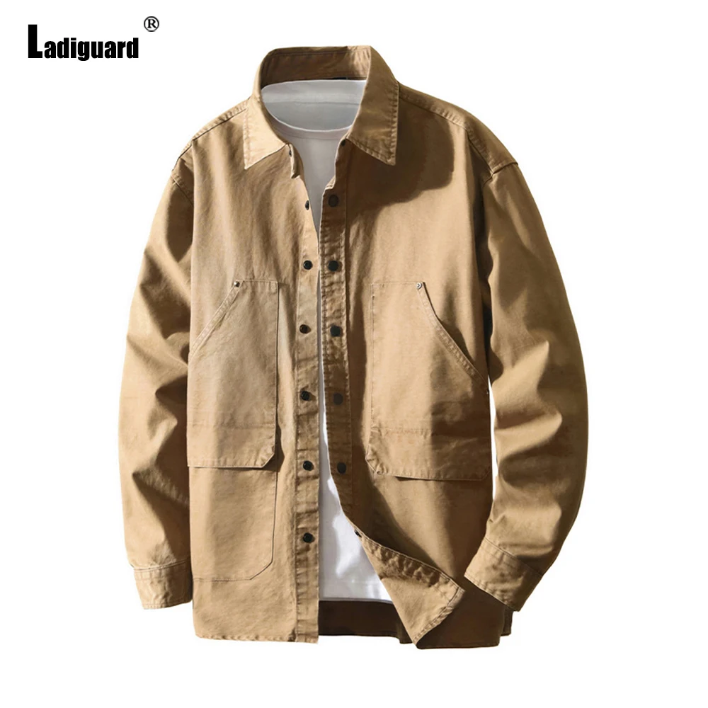 

Plus Size Mens Casual Cotton Shirts Clothing 2026 Summer New Fashion Street Blouse Men Vintage Stand Pocket Top Outerwear Coffee