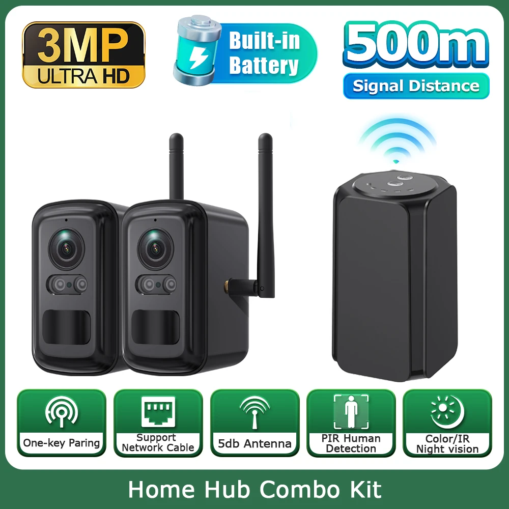 INQMEGA 3MP Solar Camera Security home hub System 2 Cams Kit Outdoor WiFi Wireless Battery Camera Color Night Vision ﻿