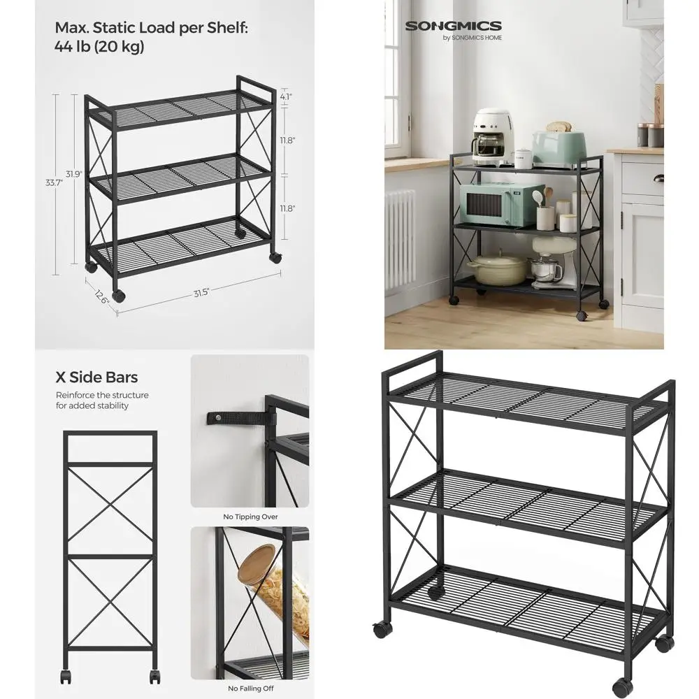 

Промышленный стиль, черный, 3-ярусный сетчатый стеллаж для хранения на колесиках, ширина 31,5 дюйма, для прихожей, кухни, гостиной, ванной комнаты UB3B01