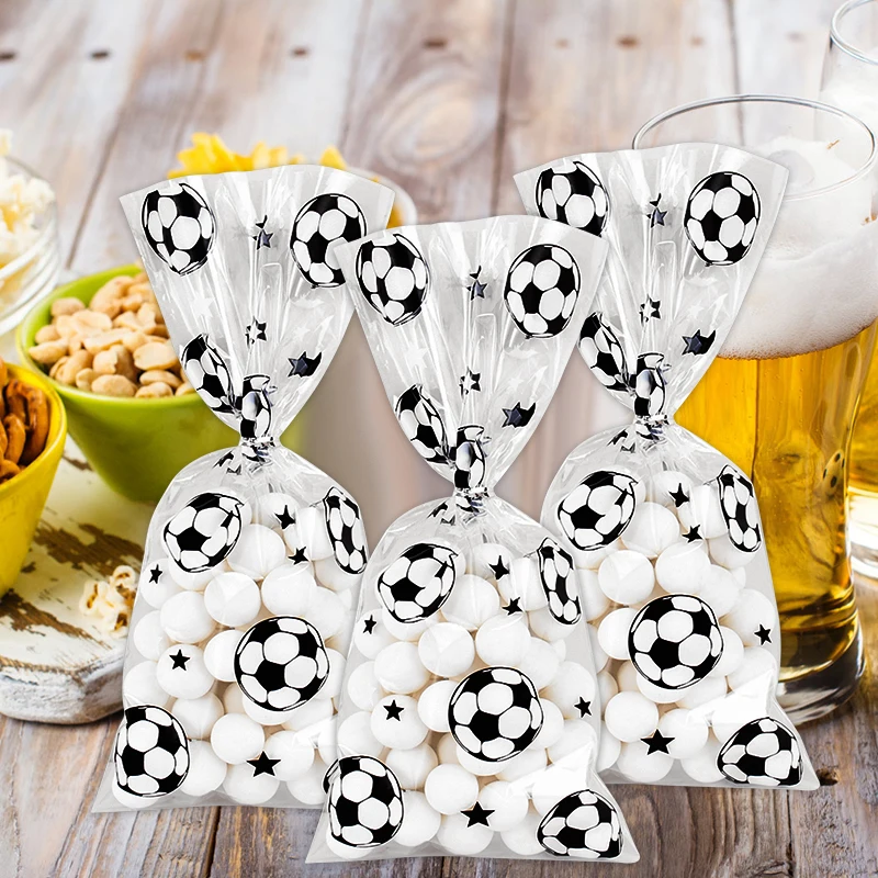 25/50pcs Soccer Candy Bags Kids Boys Birthday Sport Football Themed Party Plastic Cookie Gift Packaging Bags Decoration Supply