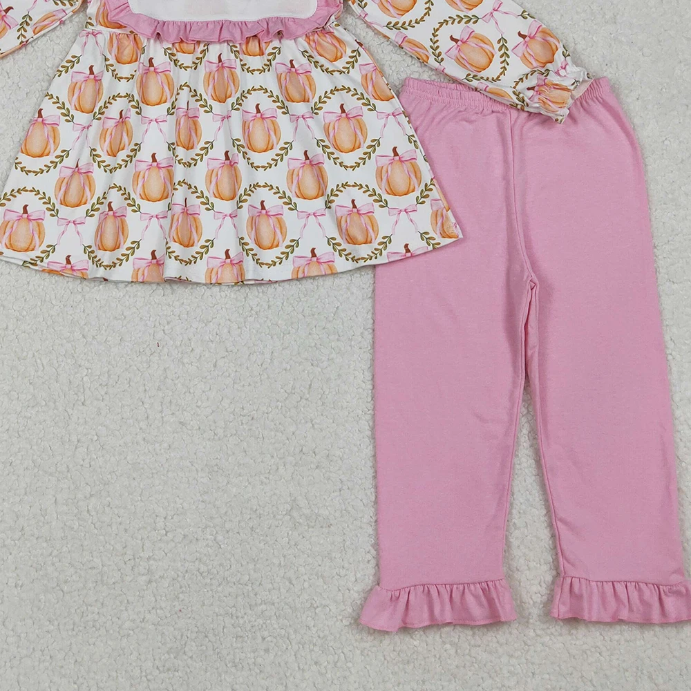 Baby Girls Plaid Tunic And Flame Pants Set with Ruffle Bow Pumpkin Design Pink Fall Clothing Outfit for Infants