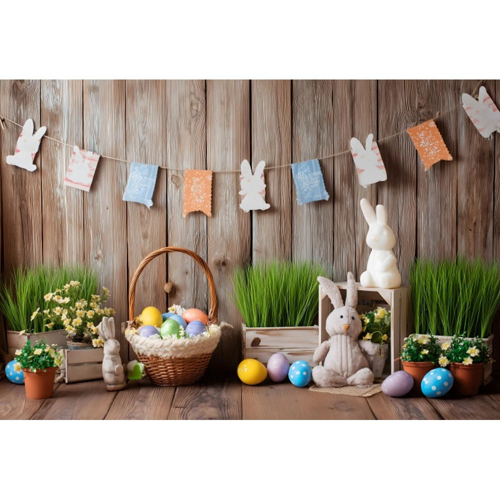 Spring Easter Wood Wall Floor Backdrop Rabbits Colorful Eggs Easter Party Interior Baby Kids Portrait Photography Background
