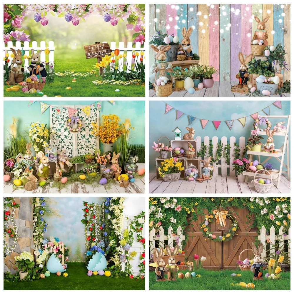 

Spring Easter Backgrounds For Photographs Bunny Eggs Flower Wood Board Kids Birthday Decorations Baby Shower Photobooth Backdrop