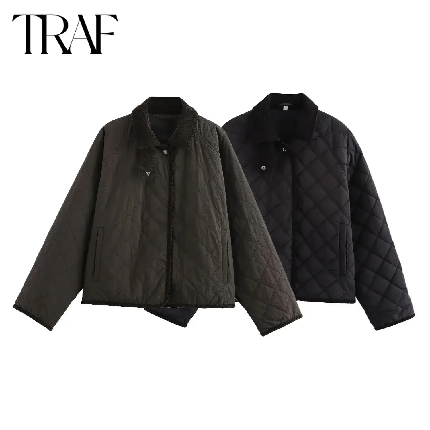 TRAF Cotton Jacket for Women Fashion 2024 Winter New Black Long Sleeve Turtleneck Diamond Short Coats Chic Ladies Tops Mujer